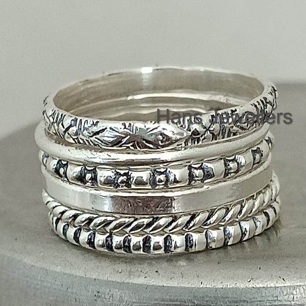 Lot de 6 bagues superposables en argent sterling, bagues fines et épaisses, assortiment de bagues, bagues torsadées en perles fines, bague pointillée, anneaux de pouce H