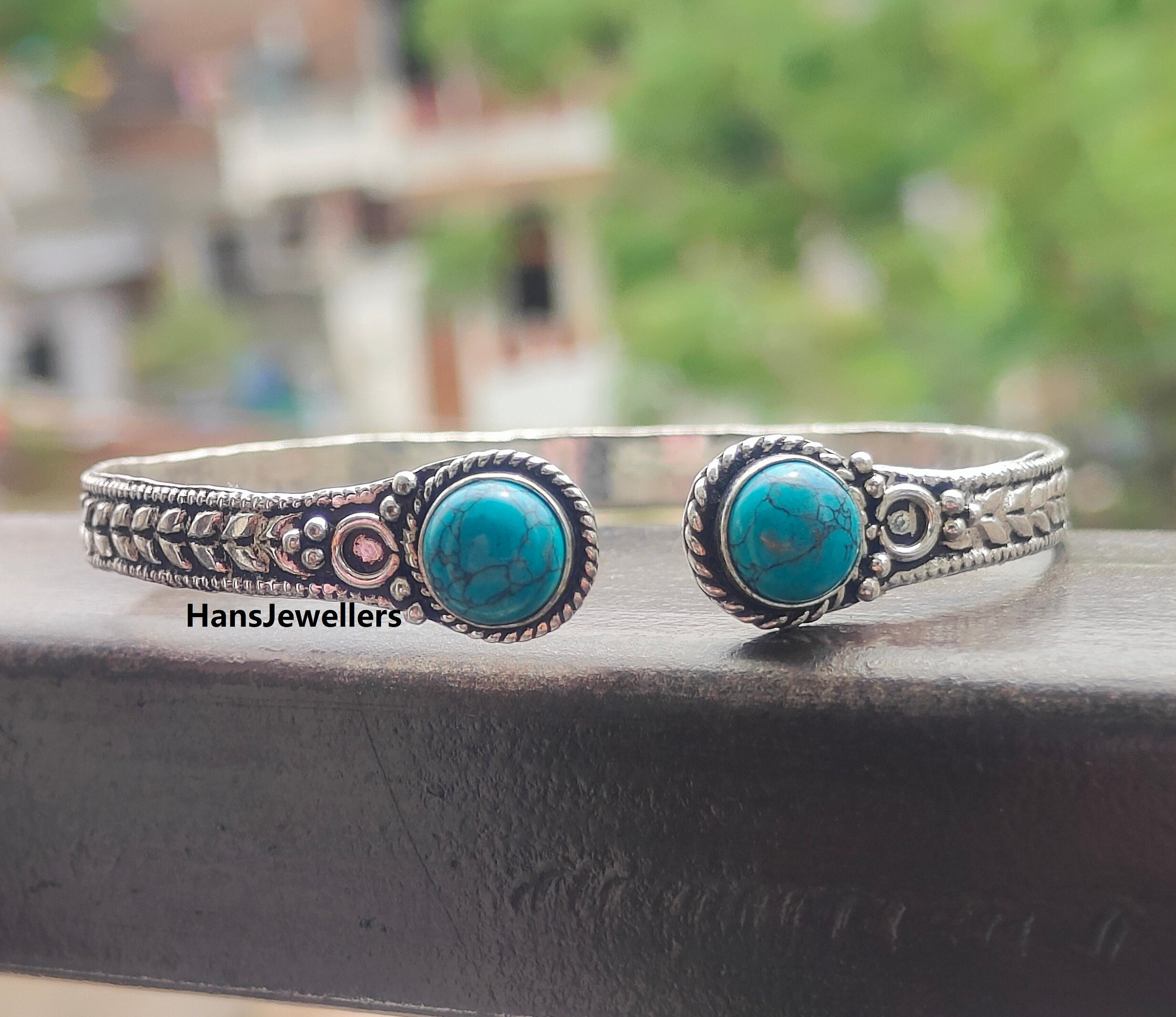 Bracciale rigido in argento sterling con turchese, bracciale regolabile - Italia