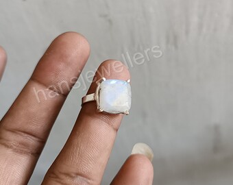 Natural Rainbow Moonstone Ring-Blue Fire Moonstone Ring-Handmade Silver Ring-925 Sterling Silver-Gift for her-Promise Ring-Anniversary Ring