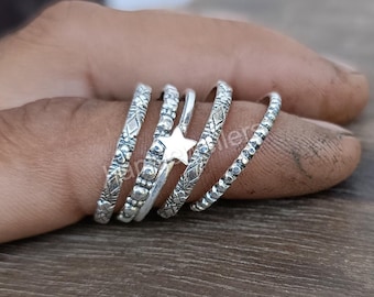 Sterling Silver Stacking Rings Set: Beaded, Twisted, Dotted Patterns
