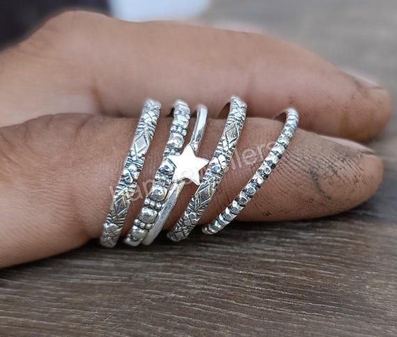 Sterling Silver Stacking Rings Set: Beaded, Twisted, Dotted Patterns