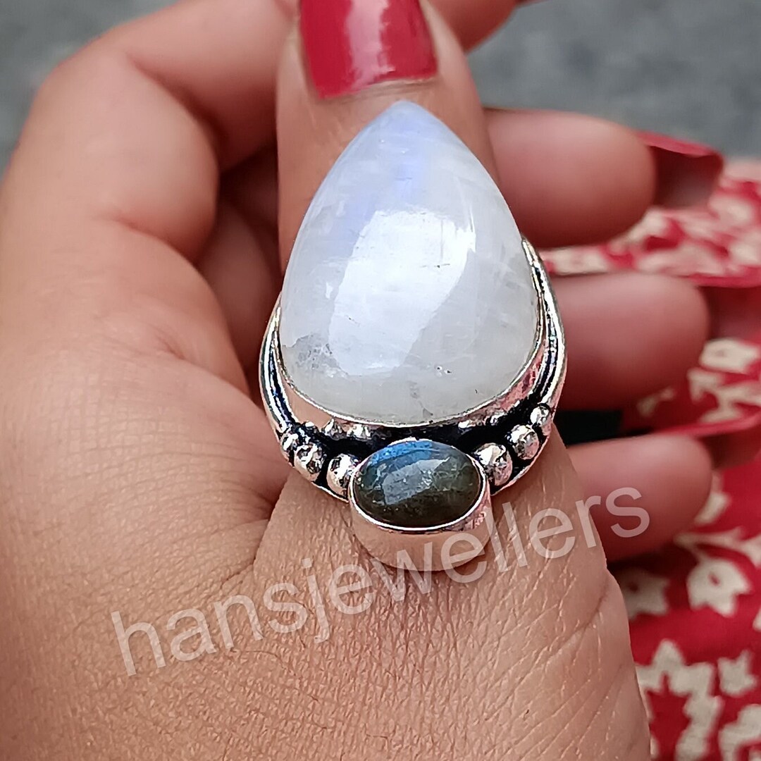 Natural Rainbow Moonstone Ring For Men & Women - 925 Sterling Silver Birthstone Ring, Handmade, Sizes 4-12 - View #6