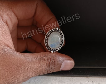 Natural Rainbow Moonstone Ring-Blue Fire Moonstone Ring-Handmade Silver Ring-925 Sterling Silver-Gift for her-Promise Ring-Anniversary Ring