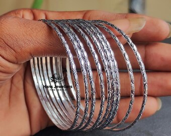 Sterling Silver Stacking Bangles: 9-piece Boho Bangle Bracelet Set