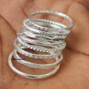 Sterling Silver Stacking Ring Set: Hammered & Twisted Bands, Handmade Jewelry