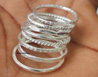 Sterling Silver Stacking Ring Set: Hammered & Twisted Bands, Handmade Jewelry
