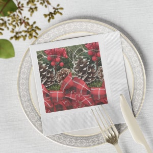 White Coined Napkins with Christmas theme, mistletoe napkins,