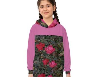 Hoodie - Pink and Red Rosebuds Girl's Hoodie (AOP), clothing, girls who love roses, girls who love flowers,  girls who love nature