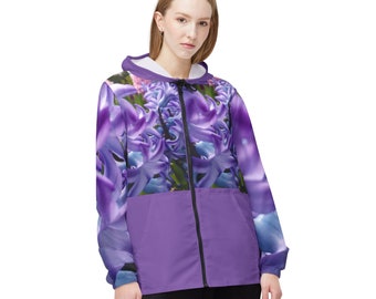 Purple and blue hyacinth blossoms with a few pink blossoms on windbreaker jacket (AOP), gifts for mom, Mother's Day gifts,  gifts for her