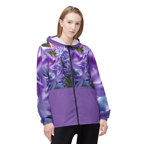 Purple and blue hyacinth blossoms with a few pink blossoms on windbreaker jacket (AOP), gifts for mom, Mother's Day gifts,  gifts for her