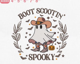 Disegno da ricamo "Spooky CowBoo", spettrale fantasma western con cappello e zucca, ricamo a macchina, download immediato, file PES DST