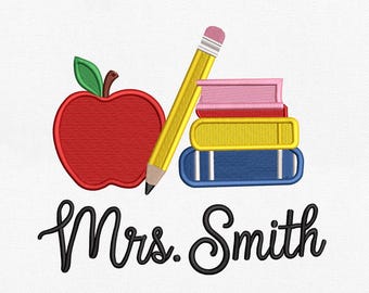 Personalized Teacher Embroidery File With Apple Books Pencil, Custom Teacher Name Machine Embroidery Design, Instant Download Pes Dst Exp