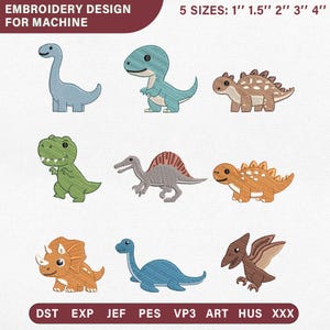 Pode incluir: Design de bordado à máquina com nove personagens de dinossauros distintos em azul, verde, castanho e bege. O texto no topo diz EMBROIDERY DESIGN FOR MACHINE e 5 SIZES: 1'' 1.5'' 2'' 3'' 4''. Os formatos de ficheiro na parte inferior são DST, EXP, JEF, PES, VP3, ART, HUS, XXX.