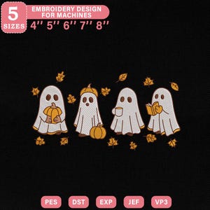 May include: Embroidery design featuring four cartoon ghosts with autumn themes. One ghost holds a pumpkin, another wears a pumpkin hat, one holds a mug, and the last reads a book. The design is available in 5 sizes, from 10 to 20 cm.