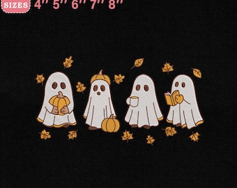 Diseño de bordado de fantasma otoñal: adorables fantasmas de Halloween con calabaza, libro, taza y hojas de otoño. Descarga instantánea.
