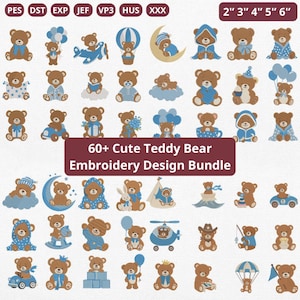 Peut inclure: Une collection numérique de plus de 60 motifs de broderie d'ours en peluche bruns avec des accents bleus, illustrant diverses activités comme piloter des avions, tenir des ballons et s'asseoir sur des lunes. Formats PES, DST, EXP, JEF, VP3, HUS, XXX et tailles 2", 3", 4", 5", 6".