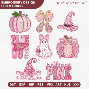 Può includere: Una collezione di ricami a macchina rosa con zucche, un fiocco con guantoni da boxe, un cappello da strega, un fantasma e testi tra cui "PINK OUT" e "in october we wear PINK". Disponibile nelle misure da 4, 5, 6, 8, 10 e 12 pollici.