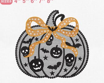 Halloween Pumpkin Embroidery Design, Spooky Jack-O-Lantern with Bow Machine Embroidery File, Instant Download Dst Pes Exp Jef Vp3