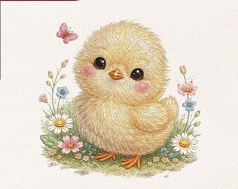 Diseño de bordado de pollito bebé floral / Animal de guardería para baby shower Archivo de bordado Pes Dst Jef Vp3 / Descarga instantánea