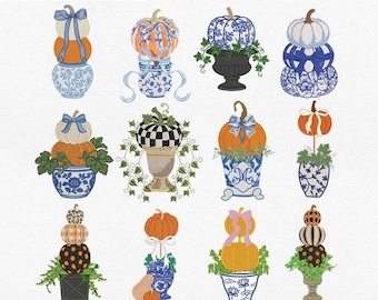 Jesienny wzór na wiązkę dyni w kształcie topiary, doniczka chinoiserie, fantazyjna jesienna Grandmillennial, kokarda kokietka Pes Dst Jef Vp3