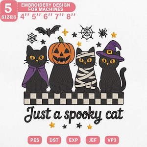 Halloween Cat Embroidery Design, Spooky Cats with Pumpkin and Witch Hat, Machine Embroidery File, Instant Download Dst Pes Exp Jef Vp3