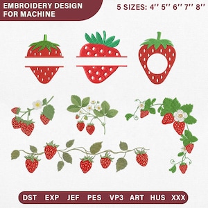 Può includere: Un set di ricami digitali con fragole rosse, foglie verdi e fiori bianchi. La collezione include monogrammi di fragole divisi, una cornice circolare e vari arrangiamenti di tralci di fragole. Testo: EMBROIDERY DESIGN FOR MACHINE, 5 SIZES: 4'' 5'' 6'' 7'' 8'', e formati: DST, EXP, JEF, PES, VP3, ART, HUS, XXX.
