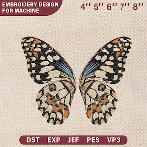 Peut inclure: Un motif de broderie pour machine représentant des ailes de papillon. Le motif comprend le texte "EMBROIDERY DESIGN FOR MACHINE" et des options de taille de 10 cm à 20 cm. Les ailes de papillon sont dans des tons beige, noir, orange et bleu.