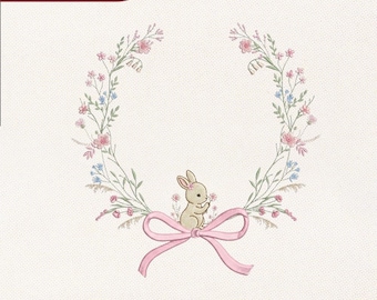 Baby Bunny Floral Wreath Embroidery Design,Rabbit Flower Frame Machine Embroidery Pattern,Nursery Monogram Digital Download,Pes Dst Jef Vp3