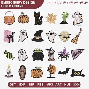 Op de afbeelding: Een digitale collectie van Halloween-machineborduurontwerpen met pompoenen, geesten, zwarte katten, een heksenhoed, spin, grafsteen, ketel en bezem. De tekst luidt EMBROIDERY DESIGN FOR MACHINE, 5 SIZES: 1" 1.5" 2" 3" 4" en bestandsformaten DST, EXP, JEF, PES, VP3, ART, HUS, XXX.
