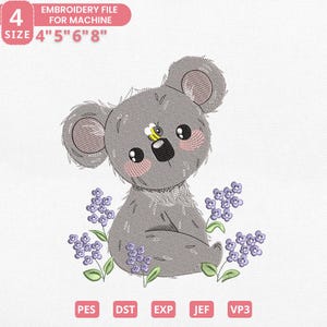 May include: An embroidery file for machine featuring a cute gray koala with a bee and purple flowers. The design is available in sizes 4", 5", 6", and 8". File formats include PES, DST, EXP, JEF, and VP3.