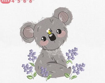 Cute Koala Embroidery Design, Floral Koala with Lavender Machine File, Baby Animal File for Machine Embroidery, Instant Download, 4 Sizes