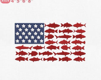 American Fishing Flag Embroidery Design, American Patriotic, 4th Of July, USA Machine Embroidery File, 4 Sizes, Instant Download Dst Pes