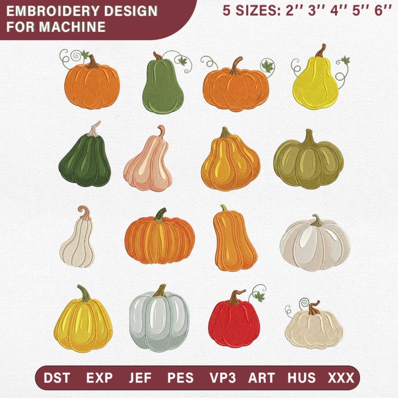 Mini pumpabunt maskinmönster, höstskördekalebass höst Thanksgiving, squash digital nedladdning Pes Dst Jef Vp3 bild 1