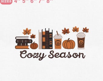 Cozy Season Embroidery Design, Autumn Books Coffee and Pumpkin Fall Aesthetic File for Machine Embroidery, Instant Download, PES DST File