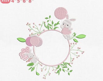May include: An embroidery file design featuring a pink circular frame with a bunny holding a balloon and another bunny with a flower. The design includes green leaves and berries. Text on the image reads "EMBROIDERY FILE FOR MACHINE" and "SIZE 4" 5" 6" 8"".
