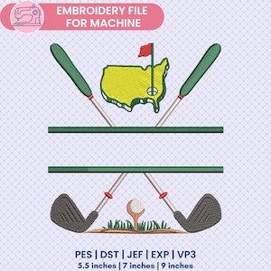 May include: Embroidery design of two crossed golf clubs with a golf ball and a green outline of the United States with a red flag and a golf hole. The design includes the text "PES | DST | JEF | EXP | VP3" and "5.5 inches | 7 inches | 9 inches".