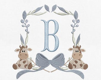 Marco con monograma de vaca para bebé niño, patrón de máquina, escudo con lazo azul de animal de granja, corona de guardería, descarga digital Pes Dst Jef Vp3
