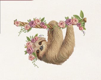 Diseño de bordado de perezoso bebé floral / Animal de guardería para baby shower Archivo de bordado Pes Dst Jef Vp3 / Descarga instantánea