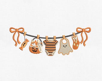 Baby First Halloween Garland Machine Pattern, Spooky Cute Onesie Ghost Bib Bunting, Coquette Fall Baby Shower Pes Dst Jef Vp3