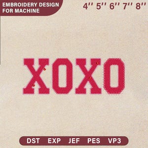 May include: Red XOXO embroidery design for machine use. The design is approximately 4 to 8 inches in size. The letters are outlined with a delicate lace trim and feature small heart accents. The design is on a beige background.