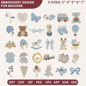 May include: An embroidery design set featuring various baby-themed motifs in soft blue, beige, and brown tones. Designs include a stork, teddy bear, butterfly, blocks, socks, and a rocking horse. The text reads "EMBROIDERY DESIGN FOR MACHINE" and "5 SIZES: 3" 4" 5" 6" 7"".