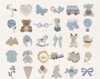 Bundle de broderie bleu baby shower, décoration de chambre d'enfant pour fichier de broderie nouveau-né, fichier de cheval à bascule jouet bébé ours en peluche, téléchargement immédiat