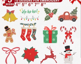 Könnte beinhalten: Ein Weihnachts-Stickpaket mit 13 Designs in 5 Größen: 10 cm, 13 cm, 15 cm, 18 cm und 20 cm. Designs umfassen Glocken, Stechpalmen, einen LKW mit Baum, Strümpfe, einen Lebkuchenmann, ein Geschenk, Zuckerstangen, eine Schleife, einen Weihnachtsstern, ein Rentier und einen Schneemann.