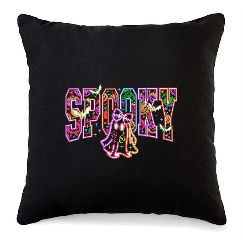May include: Black throw pillow with the word "SPOOKY" in colorful, neon-style lettering. The design includes bats, stars, and a ghost with a bow. The letters are filled with Halloween-themed patterns.