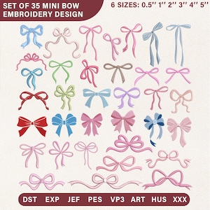 Diseño de bordado de mini lazos / 34 lazos de cinta coqueta Pes Dst Jef Vp3 / Descarga instantánea