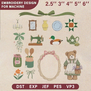 May include: Embroidery design for machine featuring a collection of decorative motifs: chandelier, mirror, vase, plate, quilt block, duck, teapot, jar, spoons, frame, bear, and bow. Sizes range from 6.35cm to 15.24cm.