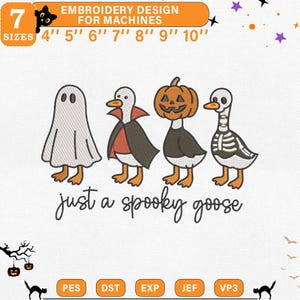 Spooky Goose Halloween broderidesign, gås i kostymer med pumpa maskinfil, 7 storlekar, omedelbar nedladdning, Dst Pes Jef Vp3 Exp