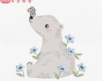 Floral Polar Bear Embroidery Design, Winter Bear Machine File, Baby Arctic Animal File for Machine Embroidery, Instant Download, 4 Sizes