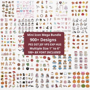 May include: A digital collection of over 900 embroidery designs featuring diverse icons like ghosts, autumn leaves, wedding motifs, and animals. A central maroon box displays the text Mini Icon Mega Bundle 900+ Designs, PES DST JEF VP3 EXP HUS, Multiple Size 1" to 6", 100+ BX FONT INCLUDED.