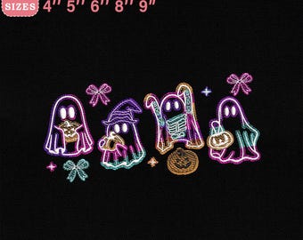 Neon Ghosts Embroidery Design, Cute Colorful Spirits with Halloween Candy and Pumpkin Machine File, Instant Download, PES DST File